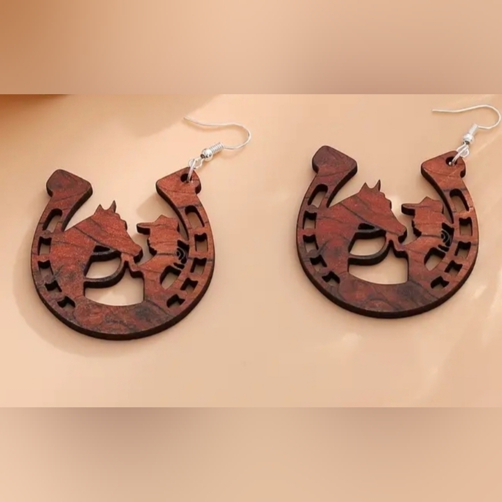 Horseshoe Girl Wooden Earrings, Western Earrings, Horse Earrings